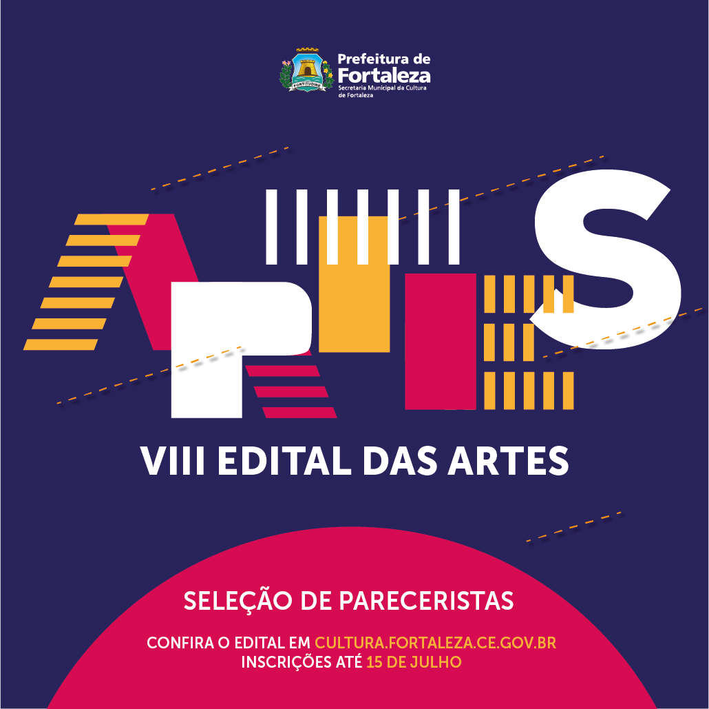 No topo, o brasão da Prefeitura de Fortaleza. Por toda extensão da imagem, traços e formas geométricas coloridas formam a palavra 