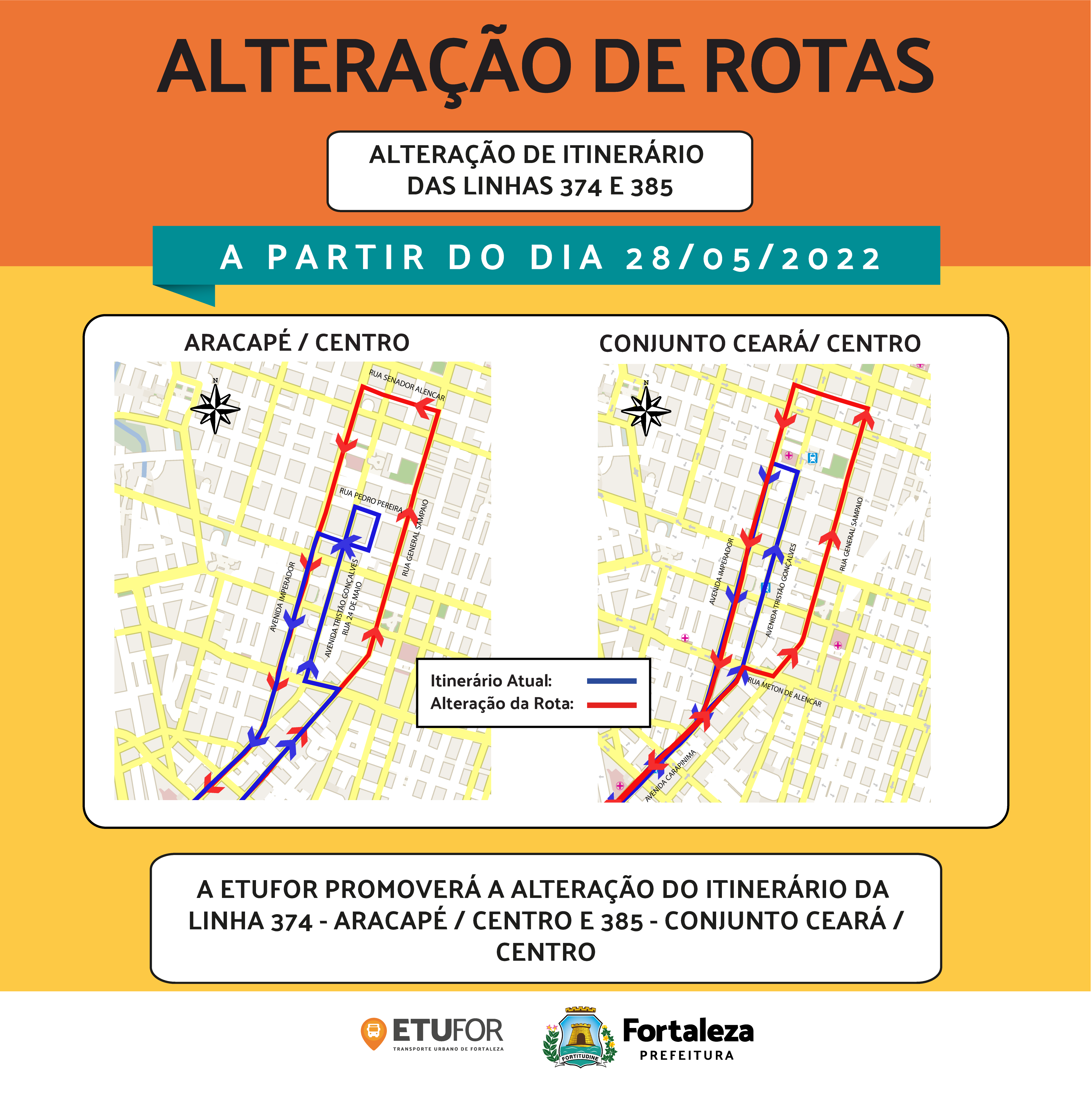 Mapa dos itinerário das linhas 374 - Aracapé / Centro e 385 - Conjunto Ceará / Centro
