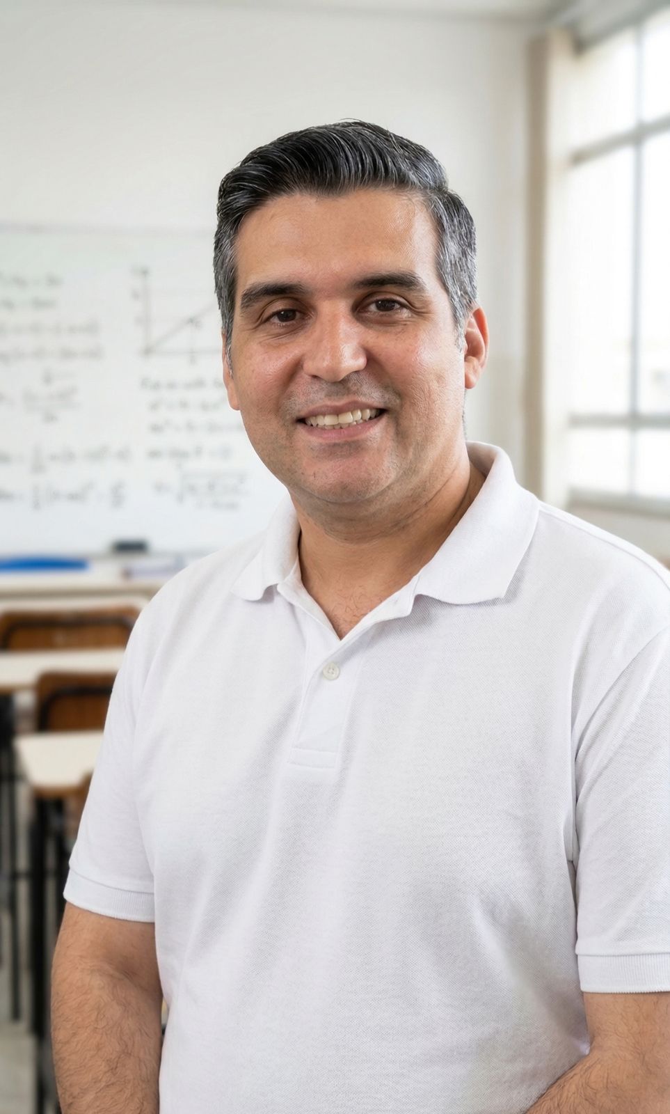 Ciro Mesquita de Oliveira posa para a foto em uma sala de aula, ele veste uma camisa polo branca
