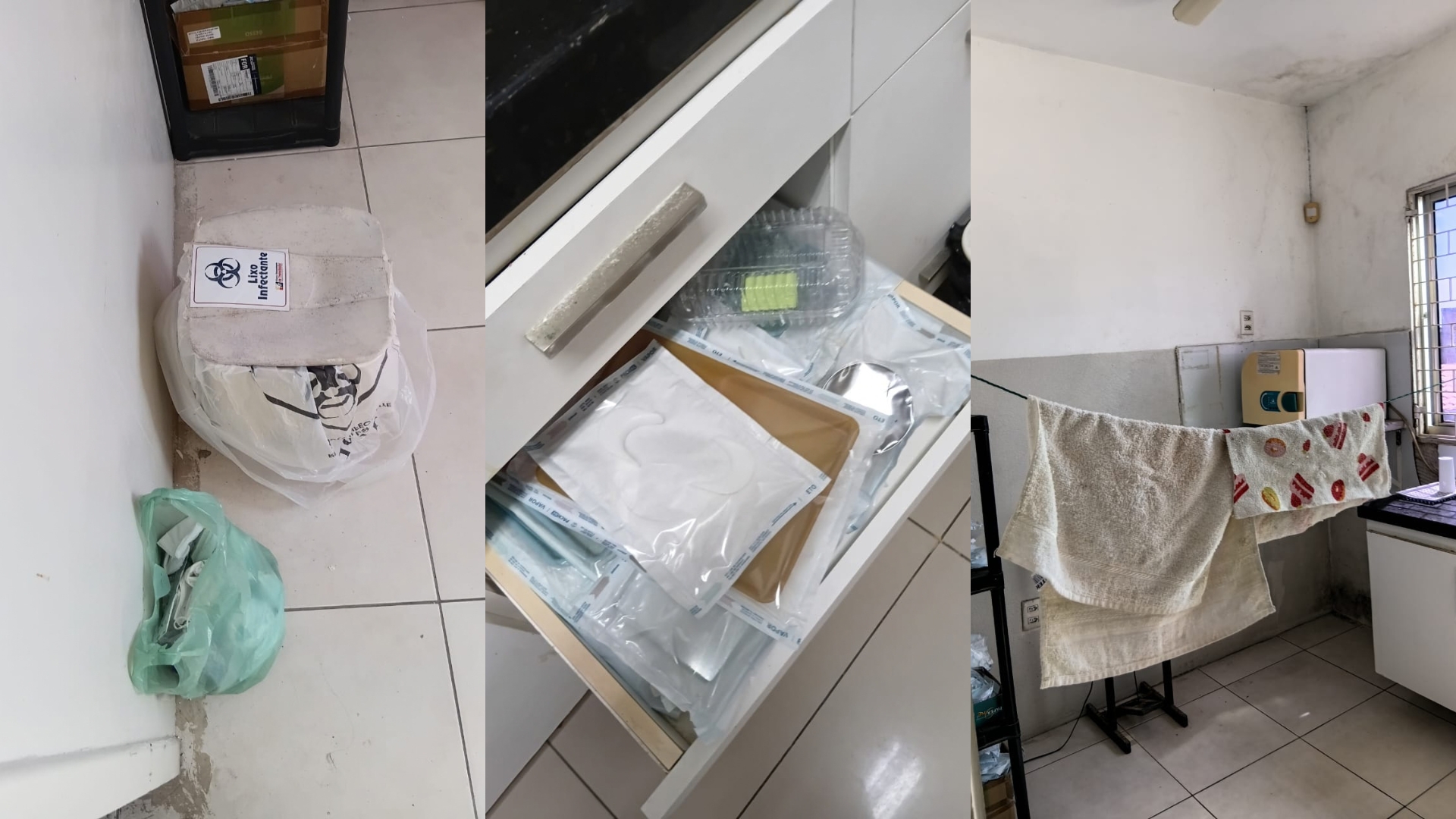 Imagem mostra condições inadequadas no armazenamento e processamento de materiais utilizados nos atendimentos odontológicos